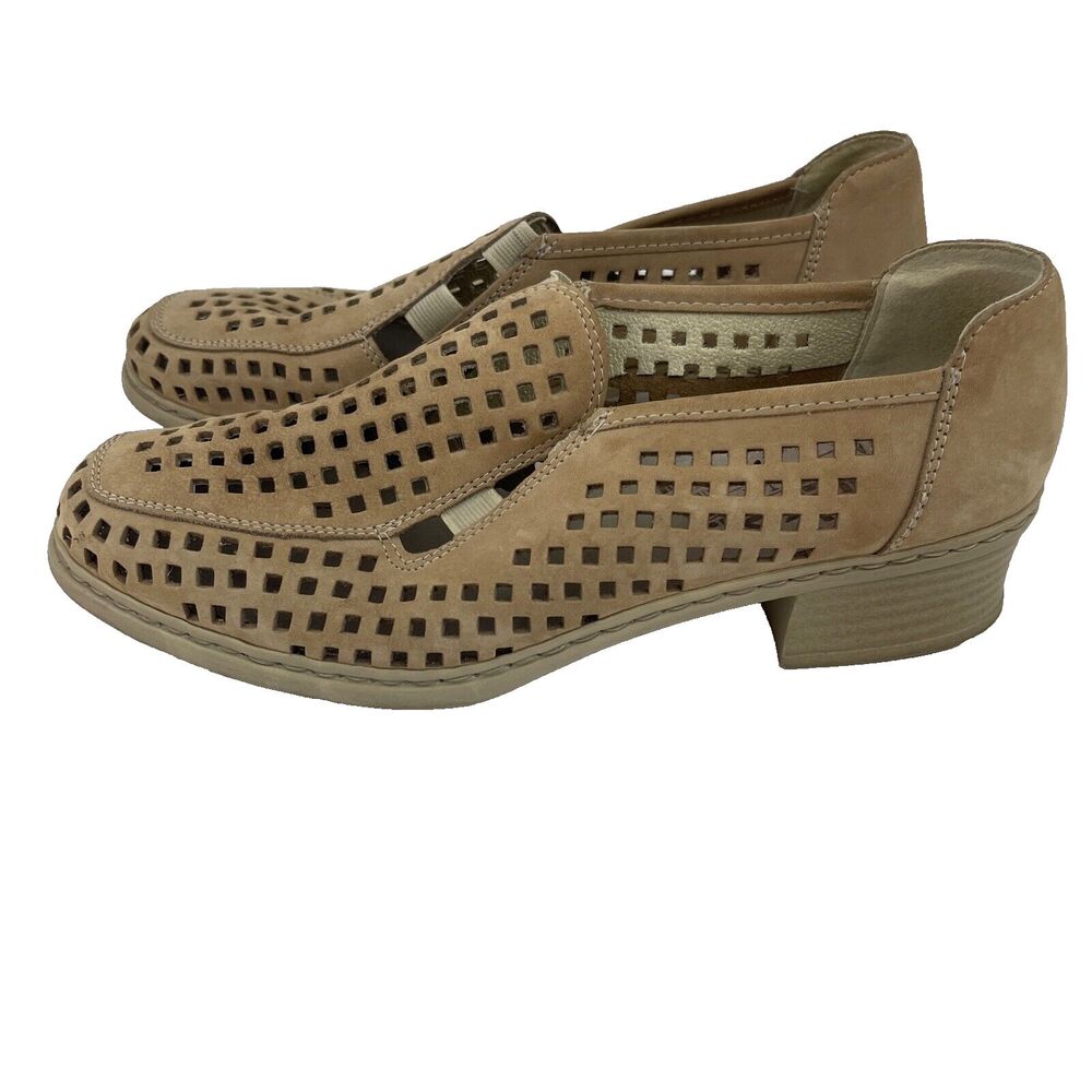 Rieker Antistress Womens 5.5 Slip On‎ Loafers Shoes Suede Beige Laser Cut Out